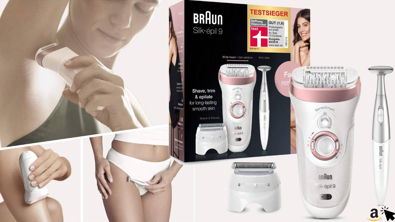 Braun Silk-épil 9 Beauty-Set, Epilierer Damen für Haarentfernung, Aufsätze für Rasierer und Massage für Körper, inkl Bikinitrimmer