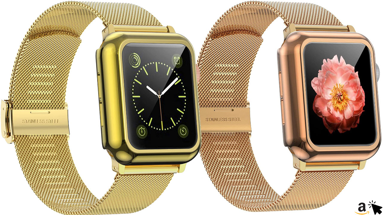 Girovo Milanaise Mesh Armband & Schutzhülle Gold für Apple Watch, 38, 40, 42, 44 mm