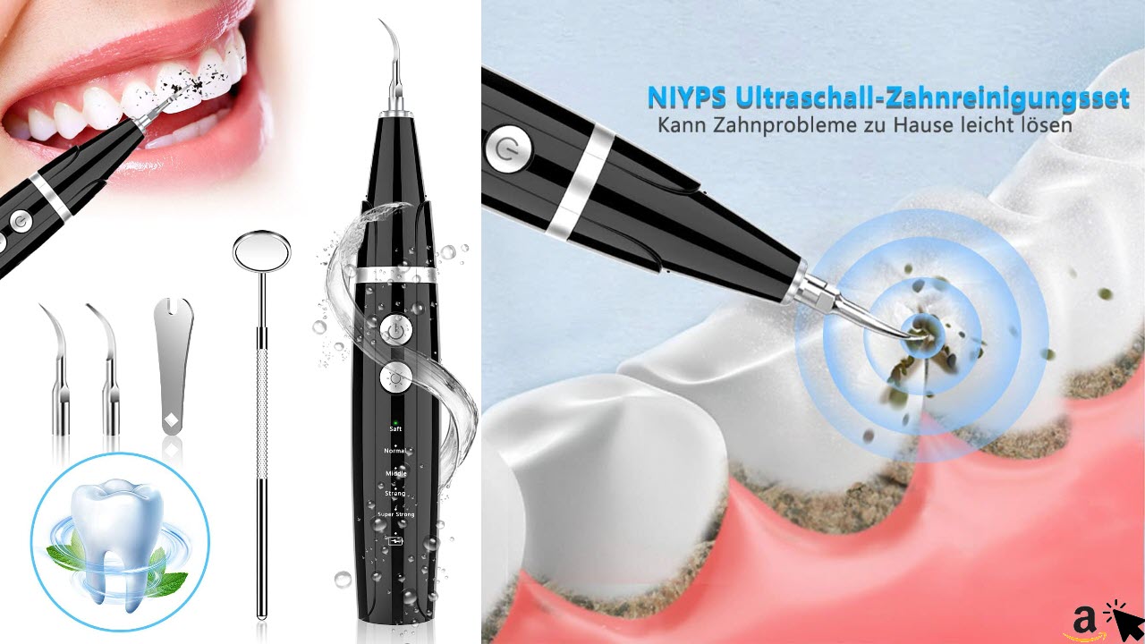 NIYPS Zahnreinigung Set, Ultraschall Zahnsteinentferner, 5 Modi und 3 austauschbare Reinigungsköpfe