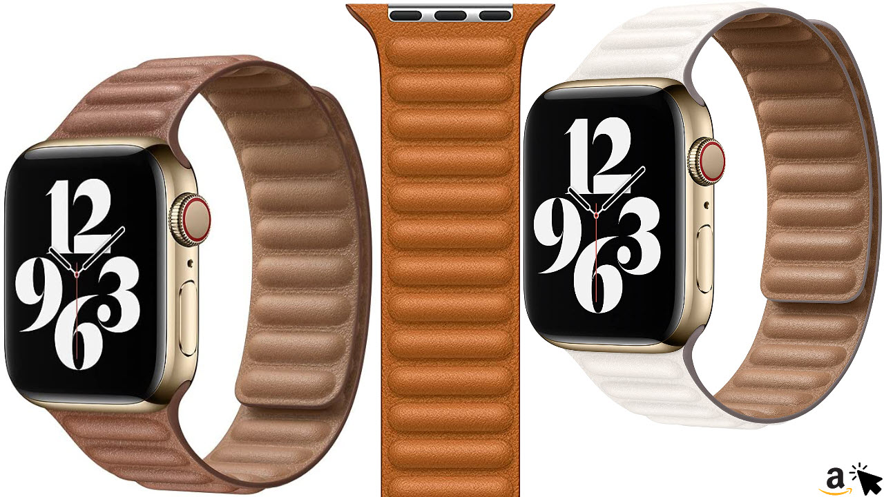 Original Apple Watch Lederarmband mit Endstück, Magnetverschluss, Sattelbraun, Goldbraun, Kreide