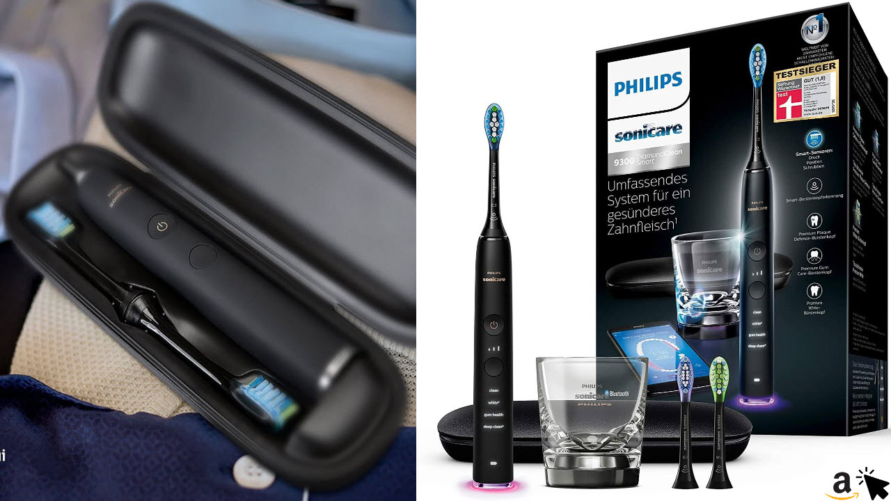 Philips Sonicare DiamondClean Smart Elektrische Zahnbürste mit Schalltechnologie HX9903-13, Ladeglas, Reiseetui, schwarz